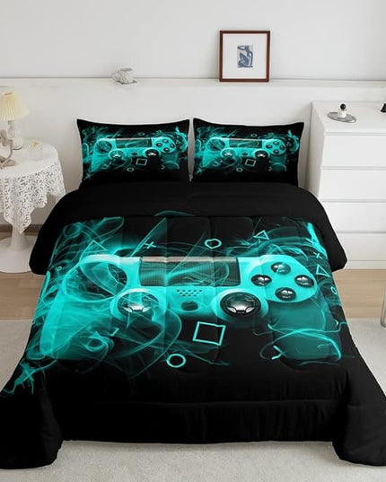 Feelyou Kids Gamer Comforter Set Queen Size Teens Gamepad Bedroom Decor for Boys Girls Video Game Controller Bedding Set Youth Gaming Console Comforter Blue Black Geometry with 2 Pillow Case - LeafyLoom