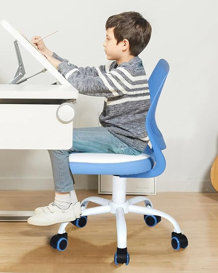 FurnitureR Desk Chair Small Study Chairs Armless for Child Kids Teens, Swivel Rolling Lightweight Task Chair with Wheels and Pu Leather Padded Cushion, Blue/White - LeafyLoom