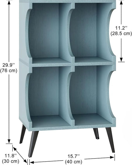Bookcase 4 Cube Bookshelf,Blue Open Cube Small Book shelf Circle Arc Storage Shelf Display Cabinet Organizer,2 Tiers Modern Wooden Bookcase with Cubby Storage for Living Room,Bedroom,Office - LeafyLoom