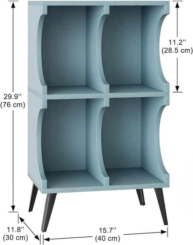 Bookcase 4 Cube Bookshelf,Blue Open Cube Small Book shelf Circle Arc Storage Shelf Display Cabinet Organizer,2 Tiers Modern Wooden Bookcase with Cubby Storage for Living Room,Bedroom,Office - LeafyLoom