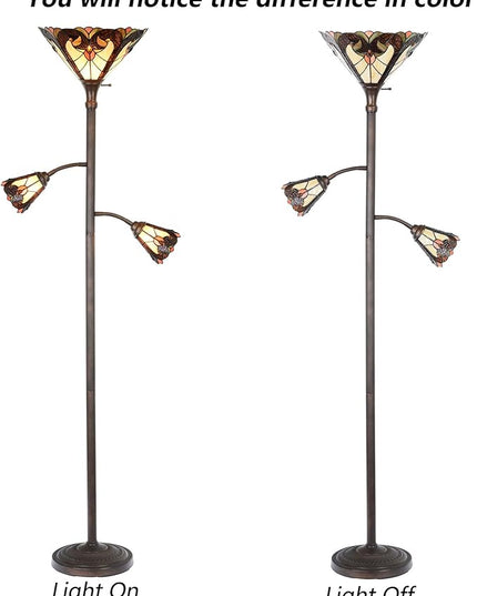 Bieye L10839 Baroque Tiffany Style Stained Glass Torchiere Floor Lamp with Sidelights for Reading, 70-inches Tall (Baroque, Brown) - LeafyLoom