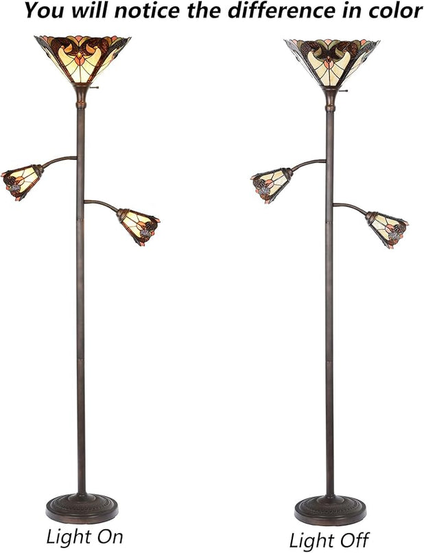 Bieye L10839 Baroque Tiffany Style Stained Glass Torchiere Floor Lamp with Sidelights for Reading, 70-inches Tall (Baroque, Brown) - LeafyLoom