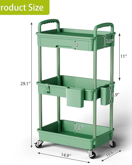 3 Tier Small Rolling Cart Organizer,Laundry Room Bathroom Organizers and Storage Office Shelves Mobile Shelving Unit Kitchen Trolley Cart with Wheels for Art,Craft,Diaper,Bedside,Snack(Green) - LeafyLoom
