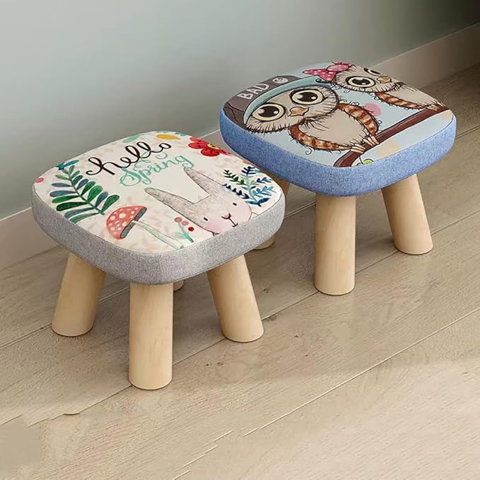 Solid Wood Stool Home Square Low Stool Cute Children's Sofa Stool Chair Fashion Cartoon Creative Small Stool for Kids and Adult, Changing Stool Solid Wood Coffee Table Stool, Bear 330lb (Owl) - LeafyLoom