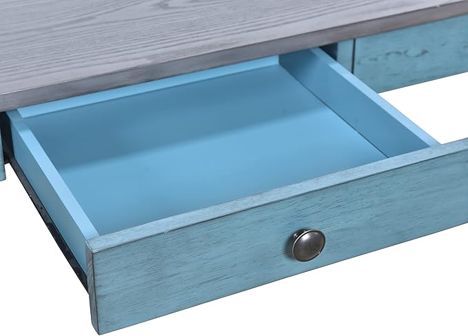 6-Piece Wood Dining Table Set with Drawer, 4 Upholstered Chairs and Bench, for Kitchen, Living Room, Mid-Century Style, Antique Blue, 59" L x 35.4" W x 30.3" H - LeafyLoom