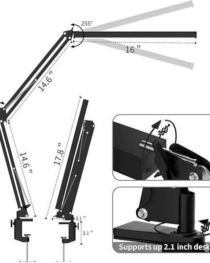 LED Desk Lamp, Manicure Table Lamp, Eye-Caring Drafting Light, Dimmable Office Table Lamp with 3 Color Modes, 10 Brightness Levels & Adapter, Memory Function(Black) - LeafyLoom