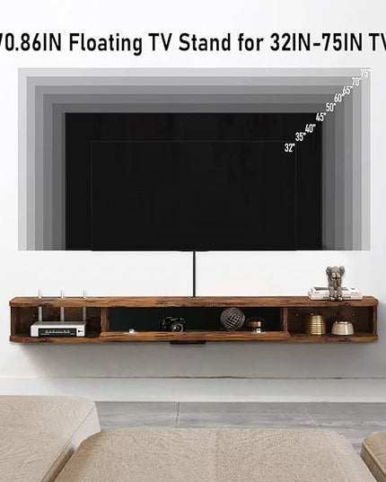 Floating TV Unit, 71'' Wall Mounted TV Cabinet, Floating Shelves with Door, Modern Entertainment Media Console Center Large Storage TV Bench for Living Room (70.86IN, Rustic Brown) - LeafyLoom