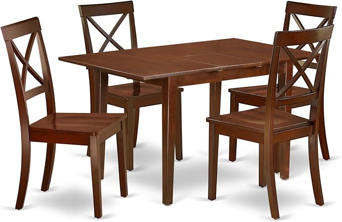 East West Furniture Picasso 5 Piece Dinette Set for 4 includes a Rectangle Table with Butterfly Leaf and 4 Dining Room Chairs, 32x60 Inch, Mahogany - LeafyLoom