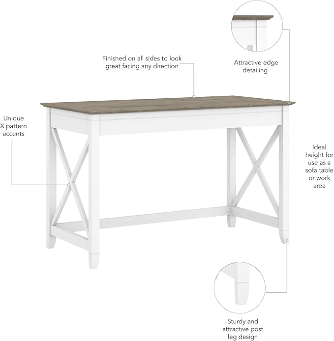 Bush Furniture Key West Writing Table for Home Office | Small Modern Farmhouse Desk, 48W, Pure White and Shiplap Gray - LeafyLoom