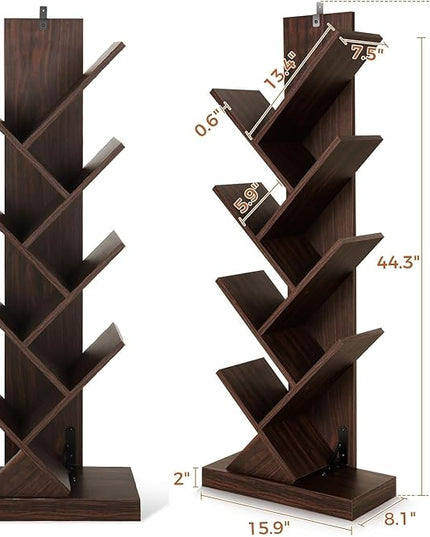 8 Tier Tree Bookshelf, 8 Shelf Open Book Case, Sturdy Tree Bookcase, Narrow Book Organizer Shelves for Bedroom, Living Room, Home Office, Dark Brown, w/Wall Anchor, 15.9"x8.1"x47.6" - LeafyLoom