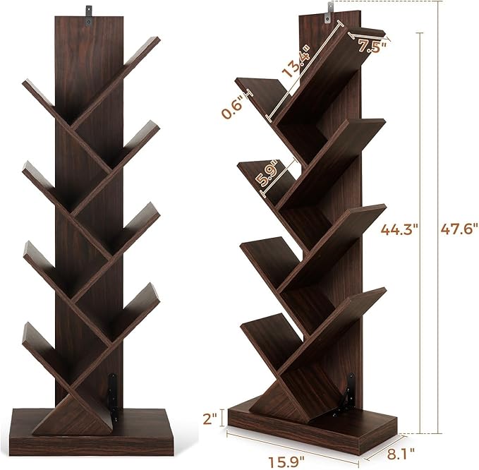 8 Tier Tree Bookshelf, 8 Shelf Open Book Case, Sturdy Tree Bookcase, Narrow Book Organizer Shelves for Bedroom, Living Room, Home Office, Dark Brown, w/Wall Anchor, 15.9"x8.1"x47.6" - LeafyLoom