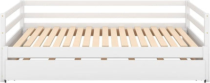 Wooden Extendable Daybed, Twin to King Daybed Frame with Trundle, Extending Sofa Bed for Living Room Bedroom Guest Room, White - LeafyLoom