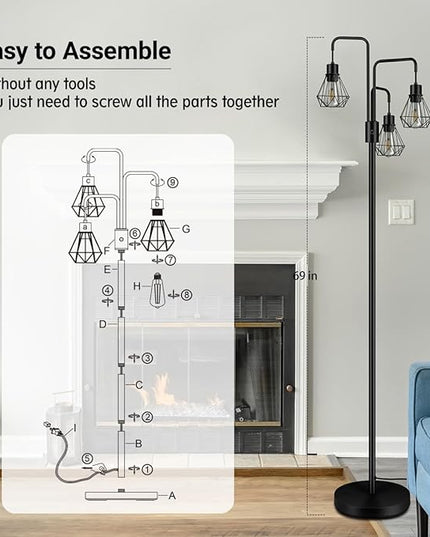 BoostArea Industrial Floor Lamp,Metal Diamond Lampshade,Modern Stand Up Lamp with 3 Light, Bulbs Not Included,Simple Design Floor Lamp for Bedroom, Living Room, Office, Kids Room, Reading - LeafyLoom