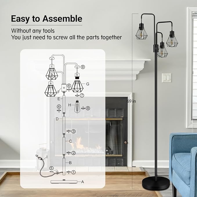 BoostArea Industrial Floor Lamp,Metal Diamond Lampshade,Modern Stand Up Lamp with 3 Light, Bulbs Not Included,Simple Design Floor Lamp for Bedroom, Living Room, Office, Kids Room, Reading - LeafyLoom