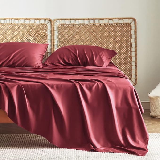 Bedsure King Size Sheet Set, Cooling Sheets King, Rayon Derived from Bamboo, Deep Pocket Up to 16", Breathable & Soft Bed Sheets, Hotel Luxury Silky Bedding Sheets & Pillowcases, Burgundy - LeafyLoom