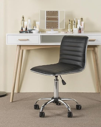 Yaheetech Adjustable Task Chair PU Leather Low Back Ribbed Armless Swivel Black Desk Chair Office Chair Wheels, Black - LeafyLoom