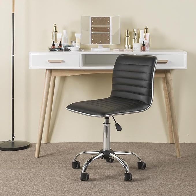 Yaheetech Adjustable Task Chair PU Leather Low Back Ribbed Armless Swivel Black Desk Chair Office Chair Wheels, Black - LeafyLoom