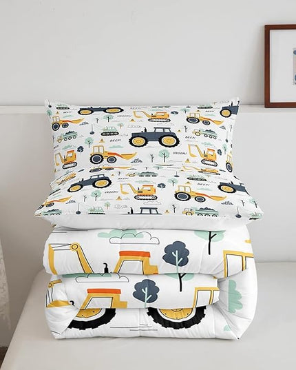 Cartoon Cars Kids Comforter Set Tractor Boys Comforter Cute Excavator Decor Kawaii Soft Bedding Set Cartoon Trees Cars Colorful All Season Quilt Room 3Pcs Full Size Boys - LeafyLoom