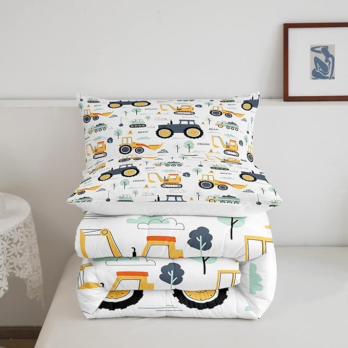 Cartoon Cars Kids Comforter Set Tractor Boys Comforter Cute Excavator Decor Kawaii Soft Bedding Set Cartoon Trees Cars Colorful All Season Quilt Room 3Pcs Full Size Boys - LeafyLoom
