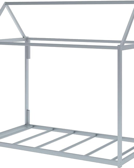 Metal Twin Size Montessori Floor Bed for Kids,Floor Bed Twin,House Bed with Slats for Boys Girls,Metal House Shape Platform Bed,No Spring Box Required,Silver - LeafyLoom