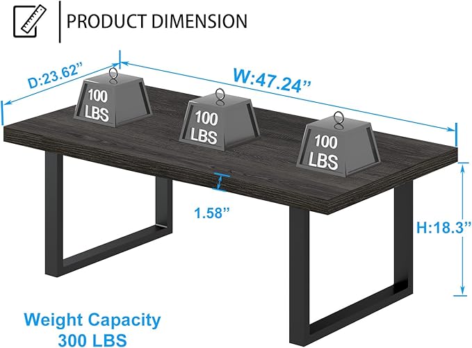 IBF Rustic Coffee Table, Wood and Metal Simple Industrial Modern Center Table, Minimalist Rectangle Wooden Farmhouse Cocktail Table for Living Room, Dark Gray Oak, 47 Inch - LeafyLoom