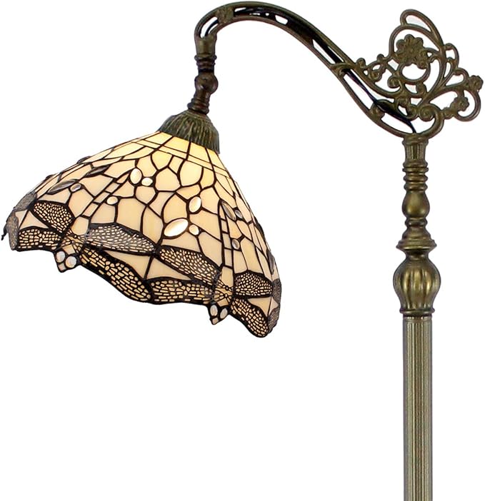 WERFACTORY Tiffany Floor Lamp Cream Stained Glass Dragonfly Arched Lamp 12X18X64 Inches Gooseneck Adjustable Corner Standing Reading Light Decor Bedroom Living Room S139 Series - LeafyLoom