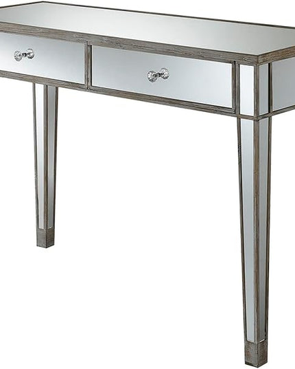 Convenience Concepts Gold Coast Mirrored Desk 42" - Console Table with 2 Drawers for Storage in Living Room, Office, Weathered White/Mirror - LeafyLoom
