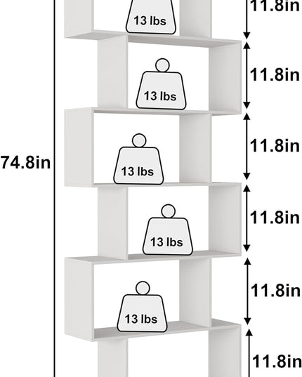 Yusong S Shaped Bookshelf, Modern Geometric Bookcase, 6-Tier White Display Case Book Shelf - LeafyLoom