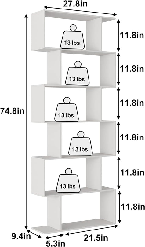 Yusong S Shaped Bookshelf, Modern Geometric Bookcase, 6-Tier White Display Case Book Shelf - LeafyLoom