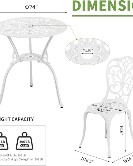 3 Piece Patio Set Outdoor Cast Aluminum Patio Bistro Table and Chairs Set of 2,All Weather Outdoor Bistro Sets with 1.97" Umbrella Hole for Front Porch Set,Garden(White) - LeafyLoom