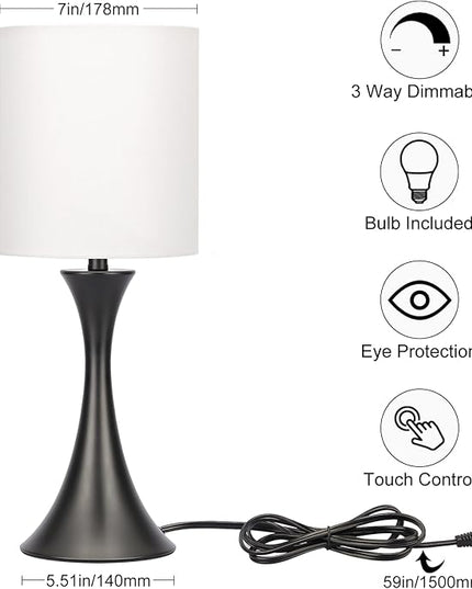 3 Way Touch Control Table Lamp, Modern Bedside Lamp for Bedroom, Dimmable Black Nightstand Lamp White Shade Desk Reading Light for Living Room Office Dorm, 3000K LED Bulb Included - LeafyLoom