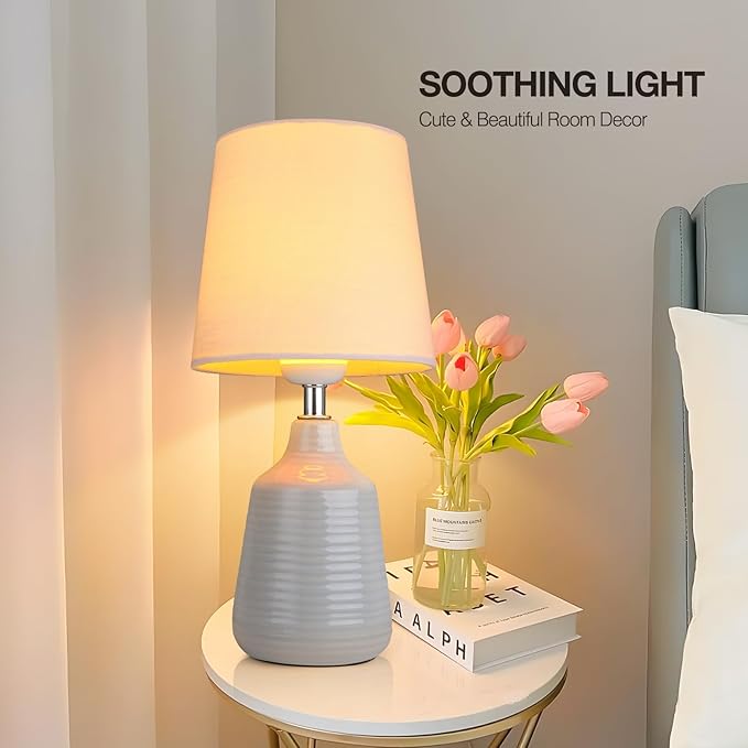 AIDENOEY Small Table Lamp for Bedroom -Bedside Desk Reading Lamps with 3 Way DimmableTouch Control,Nightstand Ceramic Lamp with Fabric Shade for Kids Room,Living Room,Dorm,Home Office (Light Grey) - LeafyLoom