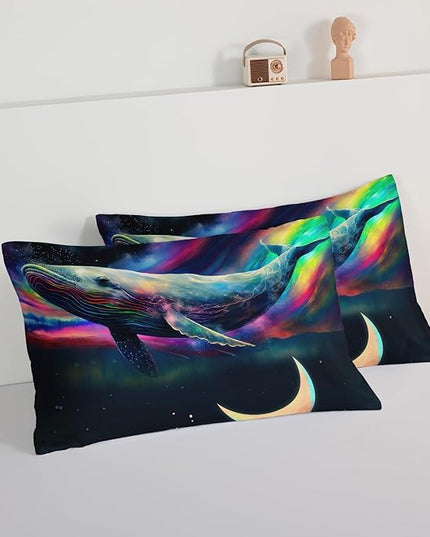 HOSIMA 3D Whale Galaxy Bedding Comforter Sets,Stars Moon Comforter Starry Room Decor Aesthetics,Ocean Theme Marine Life Whale Comforter with 2 Pillowcases Full Size Bed in a Bag Set for Adults Kids. - LeafyLoom