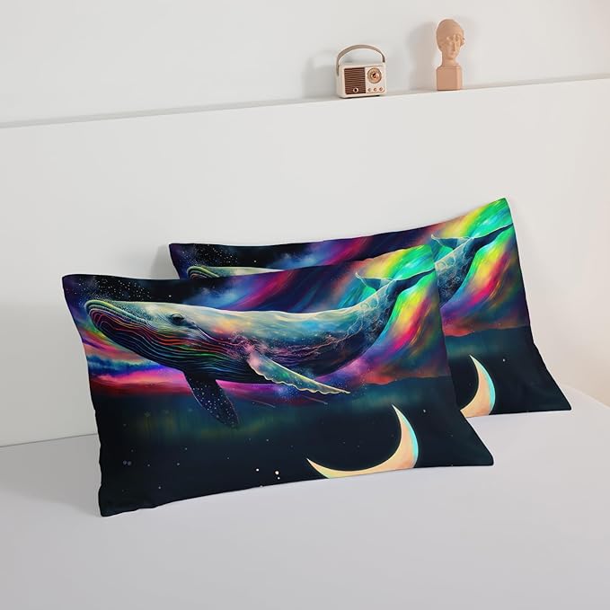 HOSIMA 3D Whale Galaxy Bedding Comforter Sets,Stars Moon Comforter Starry Room Decor Aesthetics,Ocean Theme Marine Life Whale Comforter with 2 Pillowcases Full Size Bed in a Bag Set for Adults Kids. - LeafyLoom