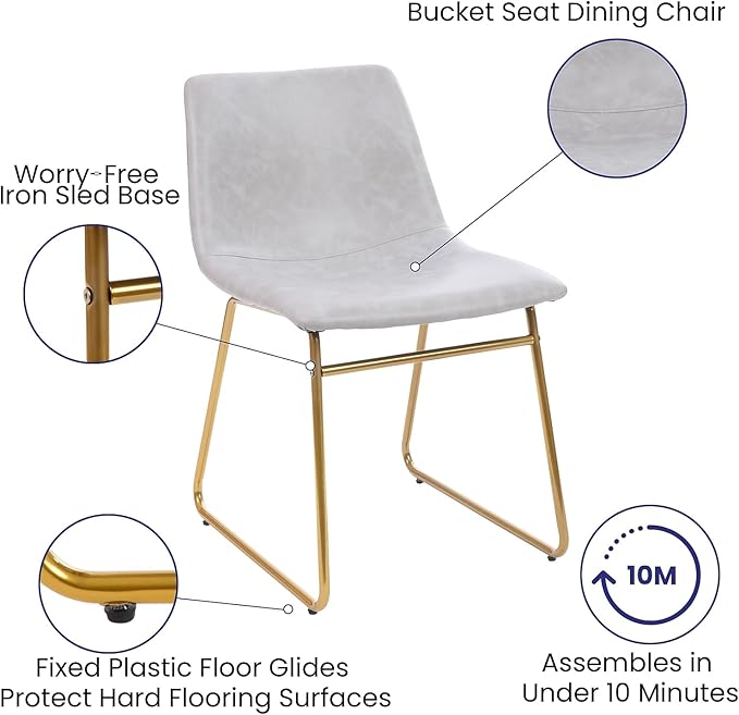 Flash Furniture Butler 18 Inch Commercial Grade LeatherSoft Dining Table Height Chair, Mid-Back Gold Sled Base with Light Gray LeatherSoft Upholstery, Set of 2 - LeafyLoom