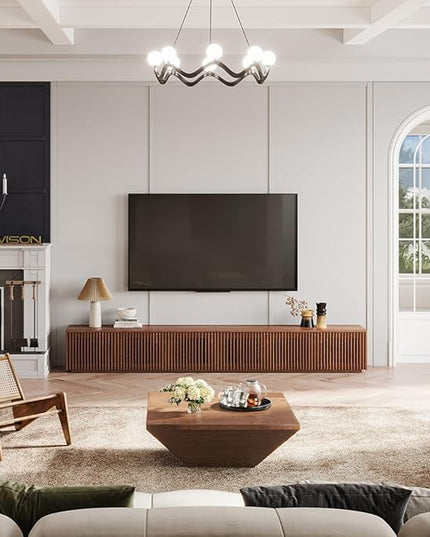 POVISON Mid Century Modern TV Stand, Solid Wood Media Console for 65 inch TV, Full Assembled Farmhouse Entertainment Center with Storage for Living Room, Low Cabinet with Removable Shelves - LeafyLoom