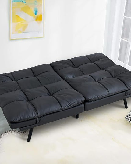 Futon Bed/Couch,Black Faux Leather Memory Foam Small Splitback Convert Backrests&Armrests,Easy to Clean Sofas, 71x33x31.5IN - LeafyLoom