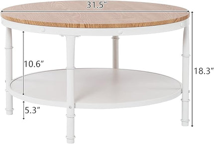 VINGLI 31.5" Natural White Round Farmhouse Coffee Table, 2-Tier Storage Wood Center Circle Accent Table for Living Room, Bedroom, Apartment, Studio and Small Spaces, Sturdy Metal Frame, Natural Color - LeafyLoom