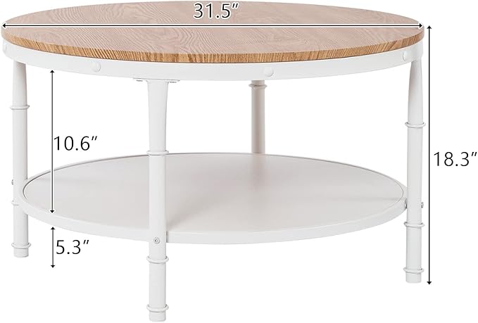 VINGLI 31.5" Natural White Round Farmhouse Coffee Table, 2-Tier Storage Wood Center Circle Accent Table for Living Room, Bedroom, Apartment, Studio and Small Spaces, Sturdy Metal Frame, Natural Color - LeafyLoom