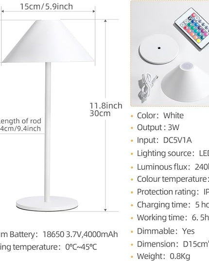 oneleaf Table Lamp RGB Modern LED Cordless,Rechargeable Battery Touch Desk lamp with remote control, Night Light, Metal Shell, for Couple Dinner/Restaurant/Bedroom/Camp-White - LeafyLoom
