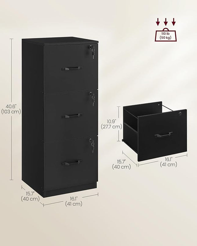 VASAGLE 3-Drawer Vertical File Cabinet, Filing Cabinet for Home Office, Printer Stand, with 3 Lockable Drawers, Adjustable Hanging Rail, for A4 and Letter-Size Files, Ink Black UOFC055B16 - LeafyLoom