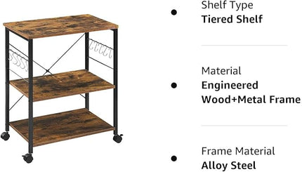Mr IRONSTONE Baker's Rack, Kitchen Microwave Cart, Coffee Bar Table Station, 3-Tier Kitchen Utility Storage Shelf with Rolling Wheels Coffee Cart Kitchen Microwave Stand with 10 Hooks, Rustic Brown - LeafyLoom