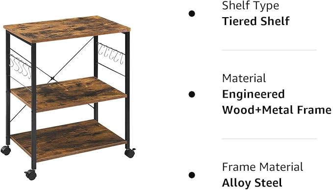 Mr IRONSTONE Baker's Rack, Kitchen Microwave Cart, Coffee Bar Table Station, 3-Tier Kitchen Utility Storage Shelf with Rolling Wheels Coffee Cart Kitchen Microwave Stand with 10 Hooks, Rustic Brown - LeafyLoom