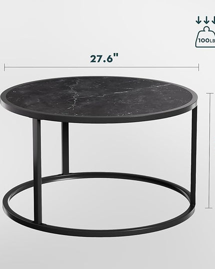 SAYGOER Small Coffee Table Black Round Marble Center Tables Open Space Underneath for Living Room Home Office 27.6 * 27.6 * 17.7, Black Faux Marble - LeafyLoom