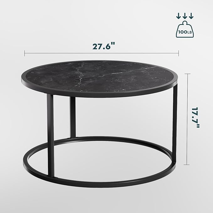 SAYGOER Small Coffee Table Black Round Marble Center Tables Open Space Underneath for Living Room Home Office 27.6 * 27.6 * 17.7, Black Faux Marble - LeafyLoom
