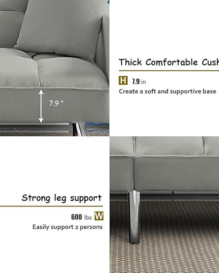74" Futon Sofa Bed Living Room Furniture Sets Modern Convertible Folding Lounge Couch Loveseat Daybed Upholstered Sofá with 2 Pillows for Bedroom, Apartment, Home Office, Gray-3 - LeafyLoom