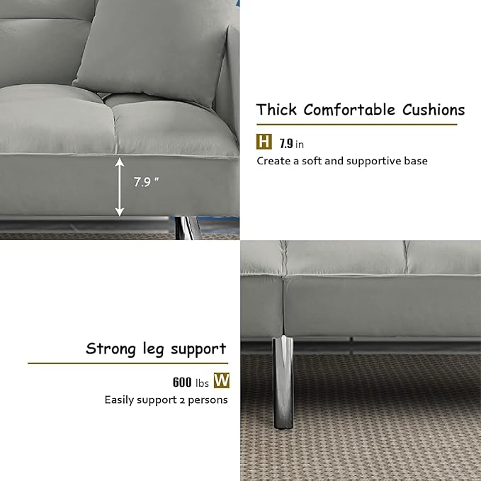 74" Futon Sofa Bed Living Room Furniture Sets Modern Convertible Folding Lounge Couch Loveseat Daybed Upholstered Sofá with 2 Pillows for Bedroom, Apartment, Home Office, Gray-3 - LeafyLoom