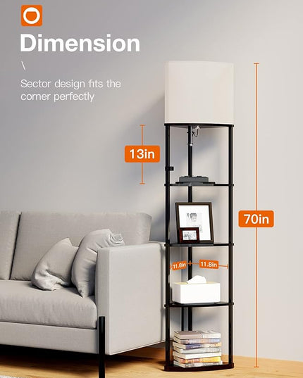 addlon 5-Tier Corner Shelf Floor Lamp with Type C, USB Port & 1 Power Outlet and 3CCT LED Bulb, Modern Display Lamp for Narrow Corner Bookshelf lamp for Living Room, Bedroom, Office - Black - LeafyLoom