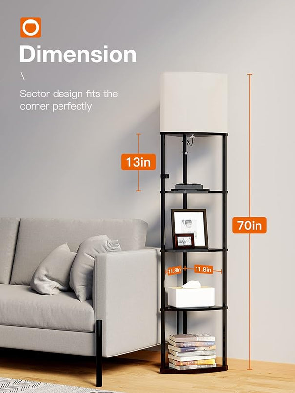 addlon 5-Tier Corner Shelf Floor Lamp with Type C, USB Port & 1 Power Outlet and 3CCT LED Bulb, Modern Display Lamp for Narrow Corner Bookshelf lamp for Living Room, Bedroom, Office - Black - LeafyLoom