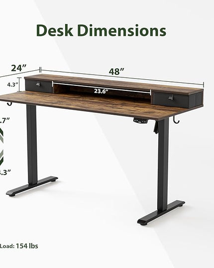 Electric Standing Desk with 2 Drawers, 48 x 24 Inches Height Adjustable Desk, 2 fabric drawers, Rustic Brown - LeafyLoom